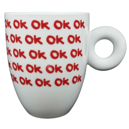 Illy Art Collection Robert Wilson OK Mug in white with red OK lettering, designed for coffee lovers