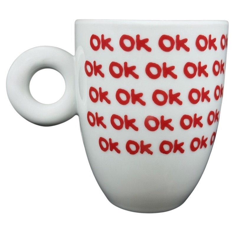Illy Art Collection Robert Wilson OK Mug featuring a fun design with repeating red 'OK' text