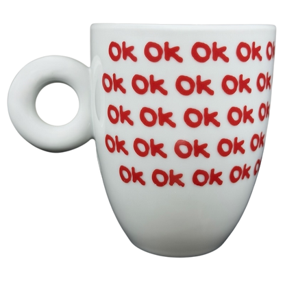 Illy Art Collection Robert Wilson OK Mug featuring a fun design with repeating red 'OK' text