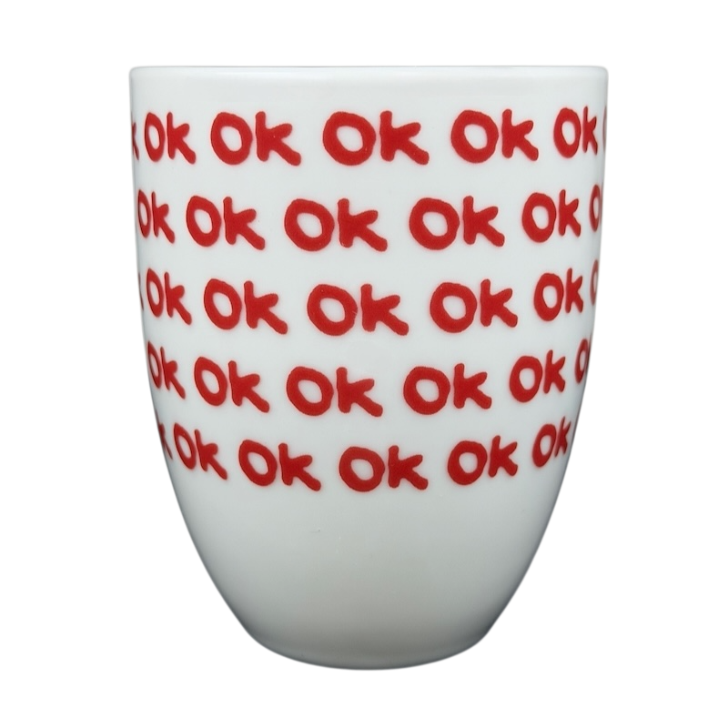 Illy Art Collection Robert Wilson OK Mug with bold red OK lettering on a white background