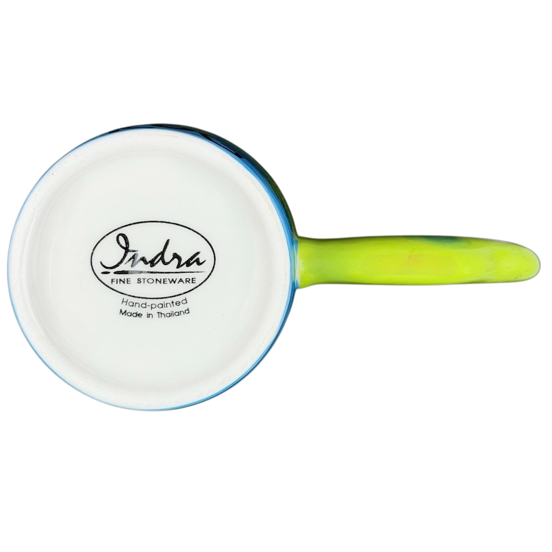 Bottom view of Spotted Green Frog Mug Indra showing hand-painted design and logo