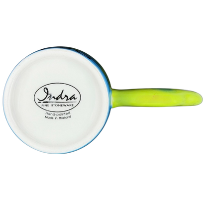 Bottom view of Spotted Green Frog Mug Indra showing hand-painted design and logo