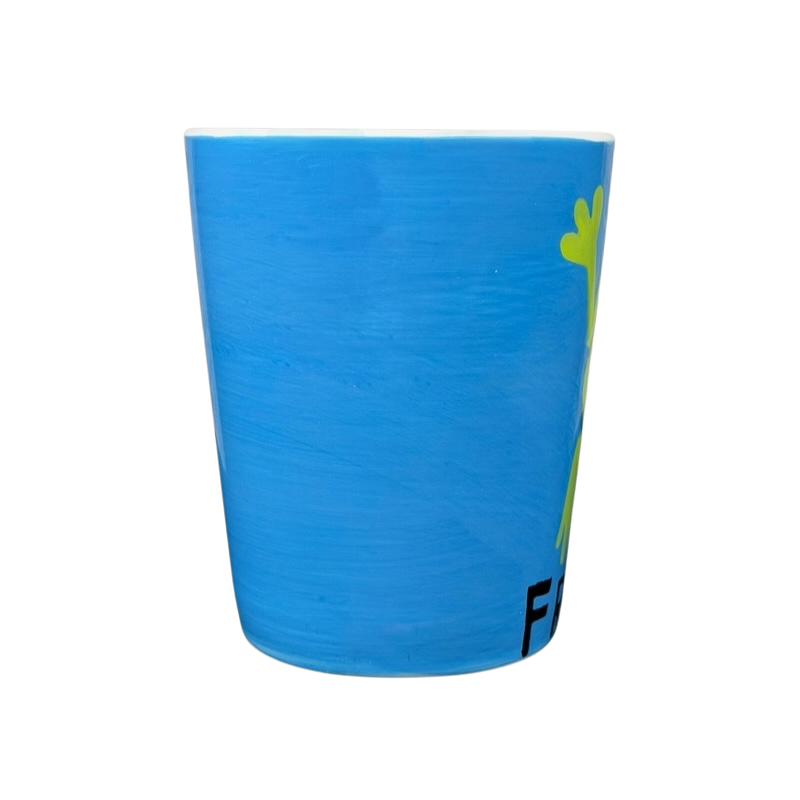 Spotted Green Frog Mug Indra with Blue Background and Hand-Painted Frog Design
