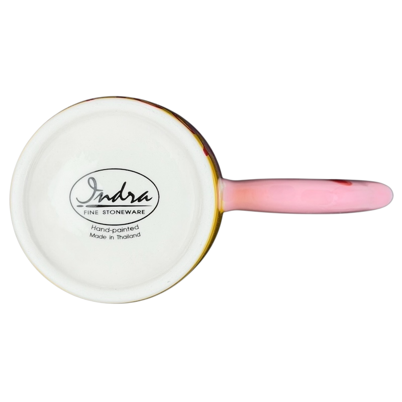 Bottom view of Striped Pink Piggy Mug Indra showcasing hand-painted design and handle