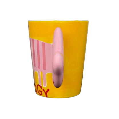 Striped Pink Piggy Mug Indra featuring vibrant yellow background and playful pink accents