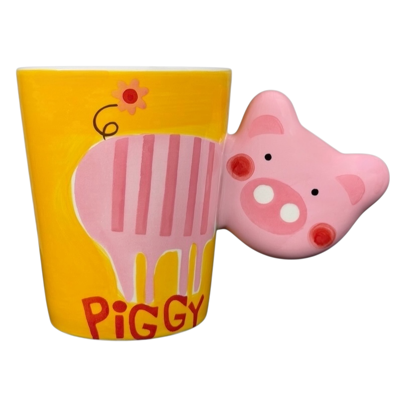 Striped Pink Piggy Mug Indra featuring a playful pig design and bright yellow color