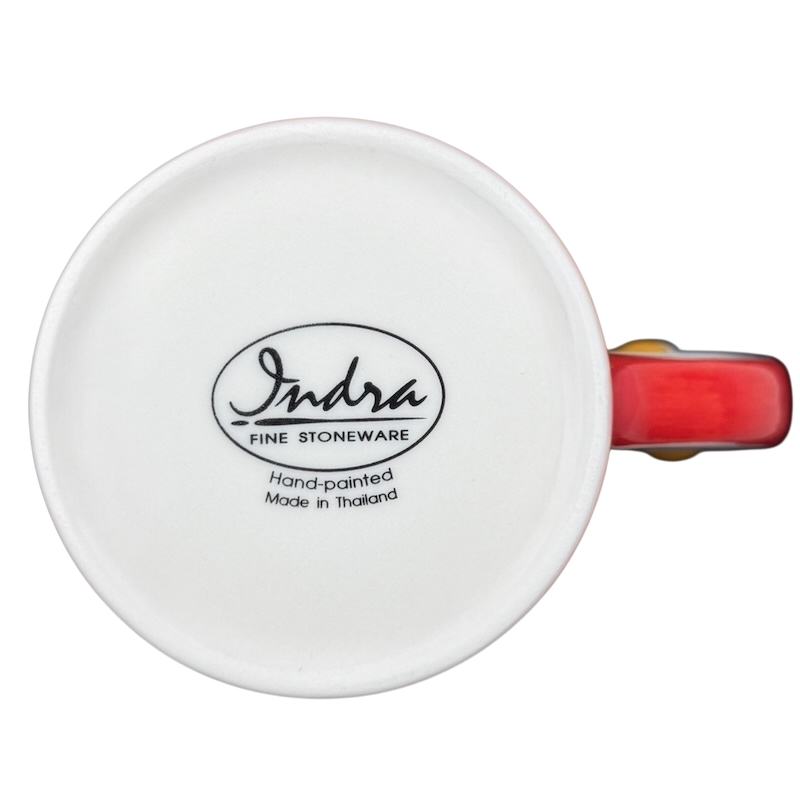 Top view of Indra vintage cat handle mug with colorful design and hand-painted details