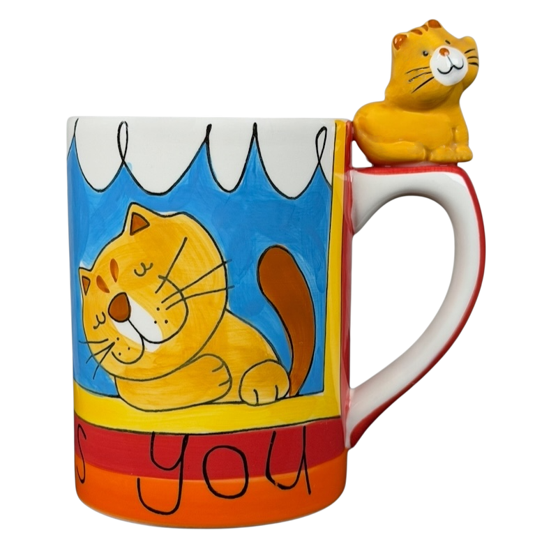 Indra vintage cat handle mug featuring a colorful design with a sleeping cat on the side