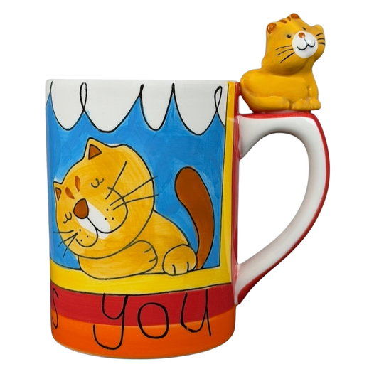 Indra vintage cat handle mug featuring a colorful design with a sleeping cat on the side
