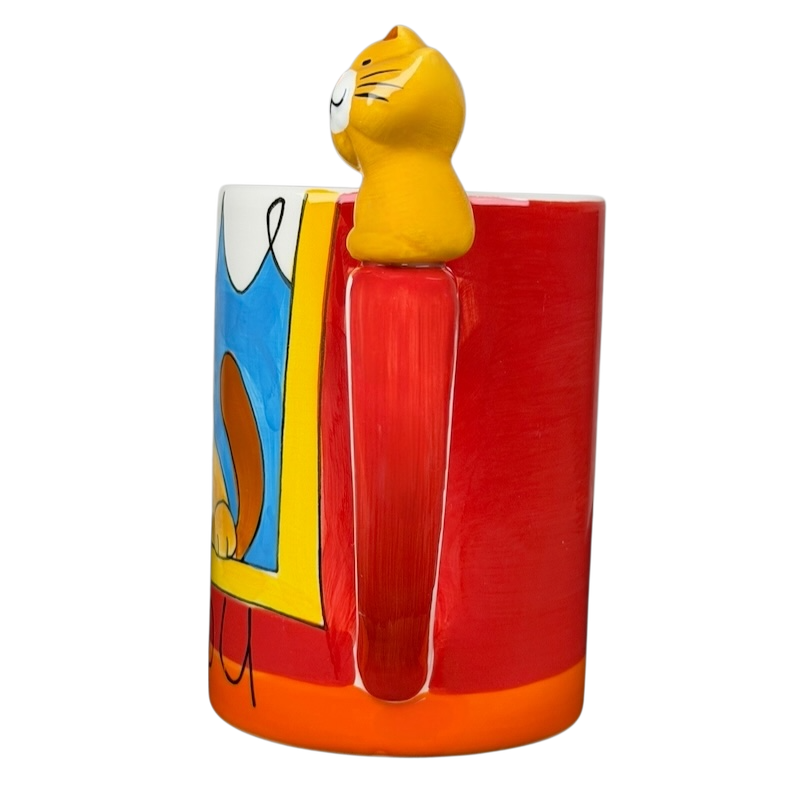 Indra vintage cat handle mug with colorful design and playful cat figure on top