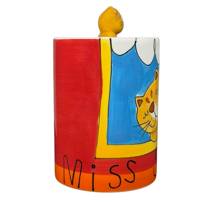 Indra vintage cat handle mug featuring a playful cat illustration and colorful design