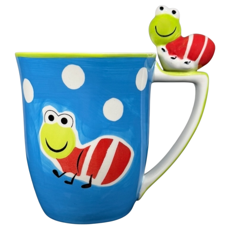 Indra vintage Caterpillar handle mug with colorful caterpillar design and polka dots