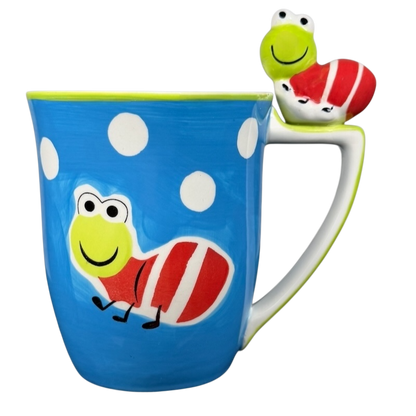 Indra vintage Caterpillar handle mug with colorful caterpillar design and polka dots