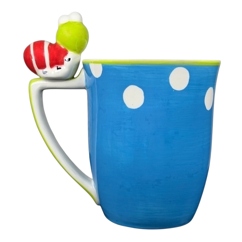 Indra vintage Caterpillar handle mug in blue with polka dots and colorful caterpillar design