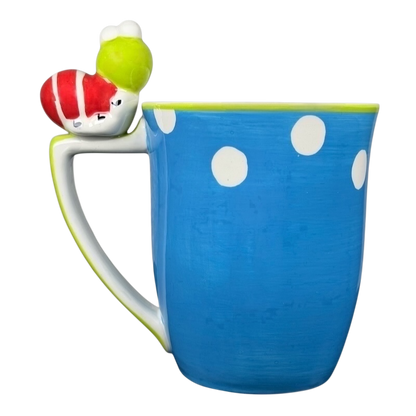 Indra vintage Caterpillar handle mug in blue with polka dots and colorful caterpillar design