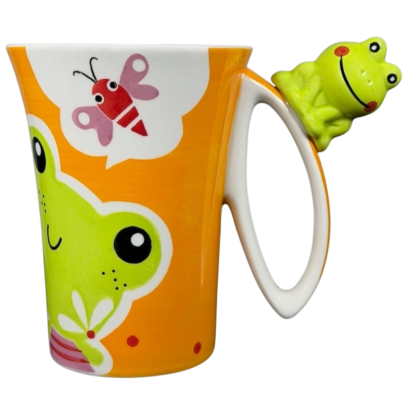 Indra vintage frog butterfly handle mug with colorful frog design and playful insect illustrations