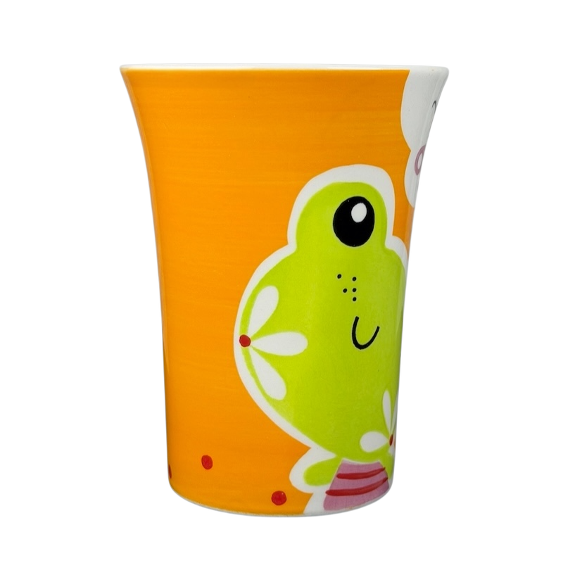 Indra vintage frog butterfly handle mug with playful frog design on vibrant orange background