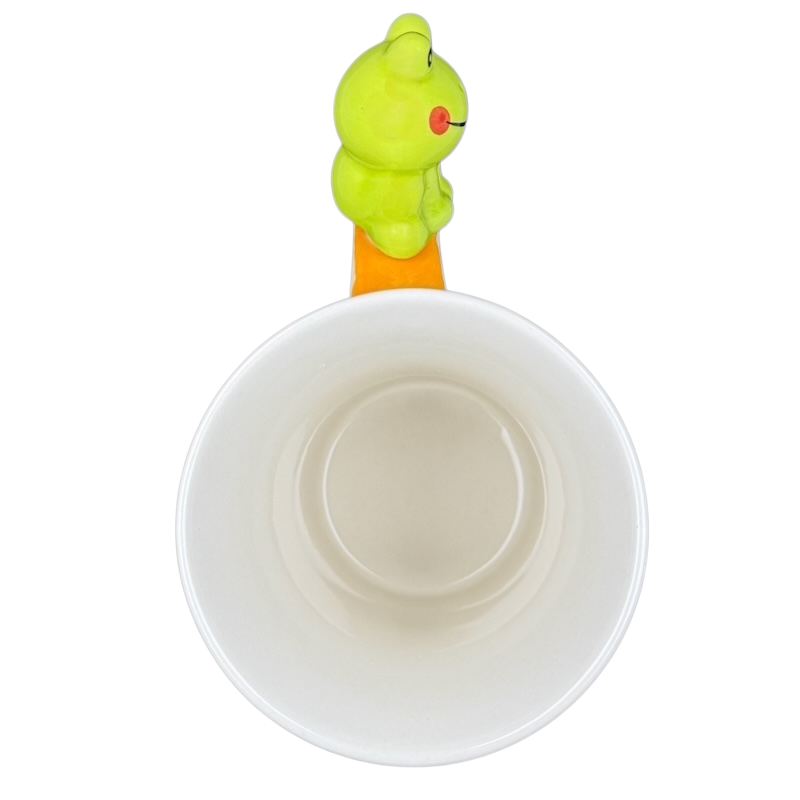 Indra vintage frog butterfly handle mug with a green frog-shaped handle on an orange base