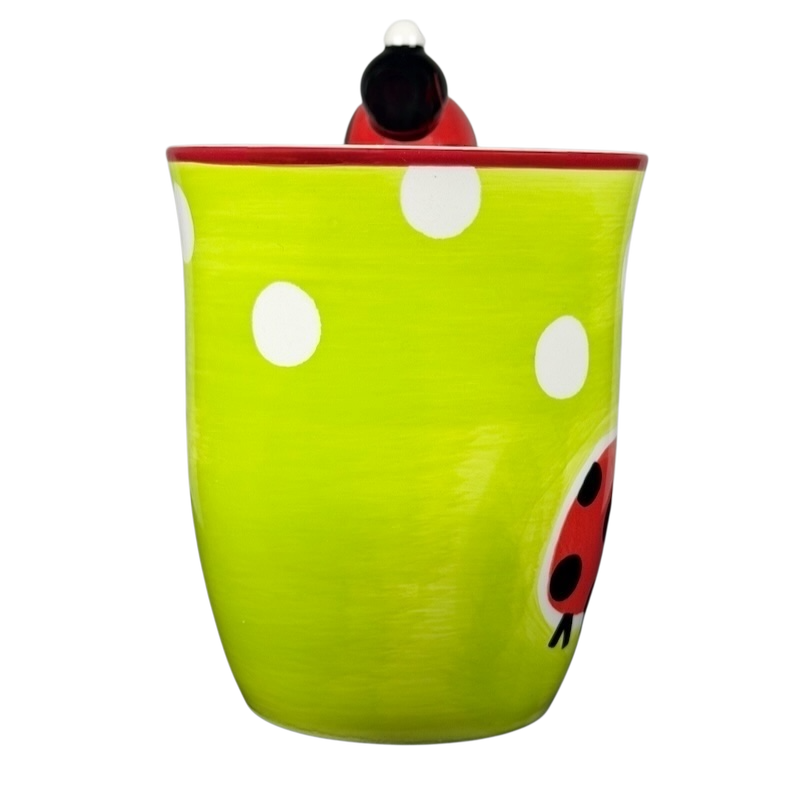 Indra vintage ladybug handle mug in vibrant green with white polka dots and ladybug design