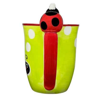 Indra vintage ladybug handle mug in bright green with white dots and a charming ladybug handle