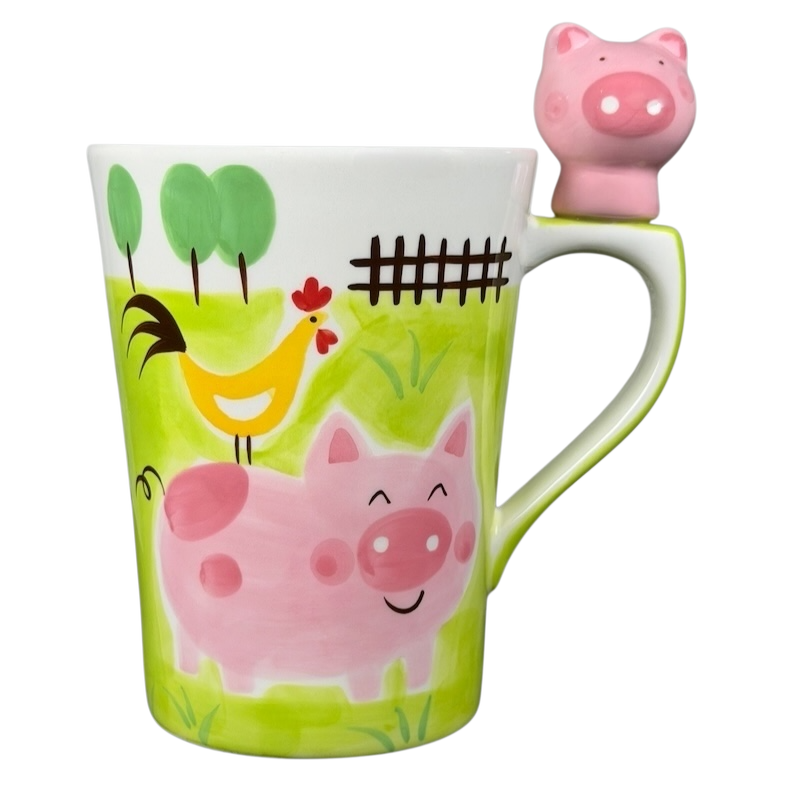 Indra vintage pig handle mug featuring a cheerful pig and rooster design in bright colors
