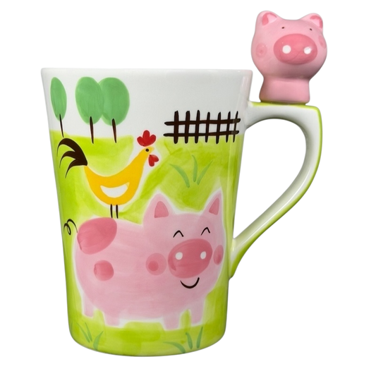 Indra vintage pig handle mug featuring a cheerful pig and rooster design in bright colors