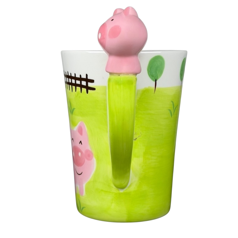 Indra vintage pig handle mug with colorful farm design and playful pig-shaped handle