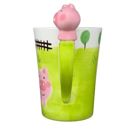 Indra vintage pig handle mug with colorful farm design and playful pig-shaped handle