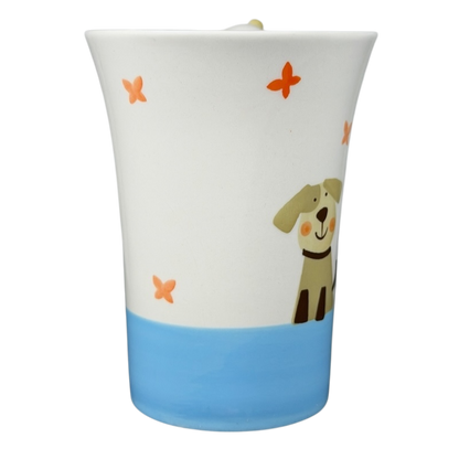 Indra vintage puppies butterflies handle mug with playful dog and butterfly designs on a white background