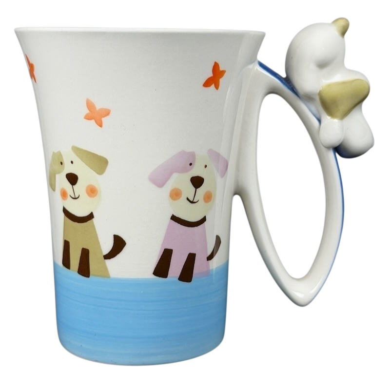 Indra vintage puppies butterflies handle mug with playful puppy design and colorful accents