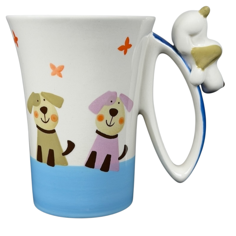 Indra vintage puppies butterflies handle mug featuring playful dog designs and colorful decorations