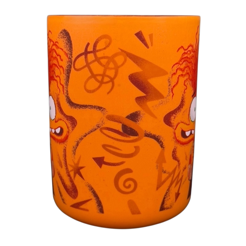 Inside Out 2 Anxiety mug featuring playful orange design with cartoon character and vibrant patterns