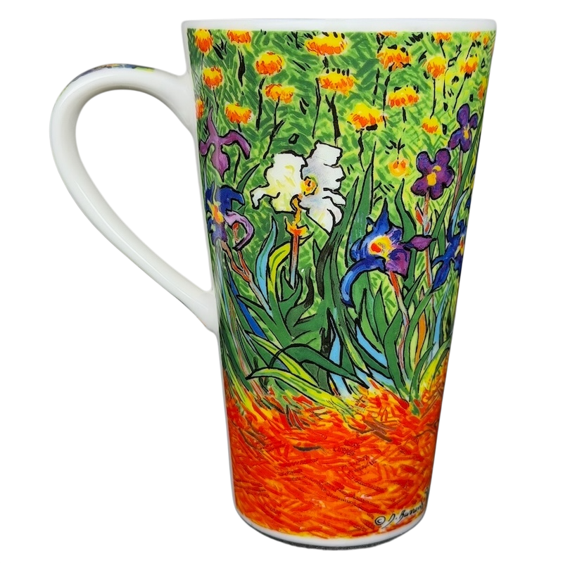 Irises Vincent Van Gogh Mug Chaleur featuring vibrant floral artwork with irises and colorful flowers