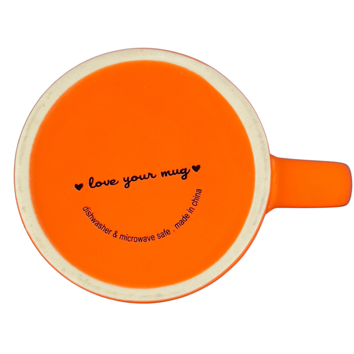 Bottom view of orange Love Your Mug brand it is what it is vintage mug showing dishwasher and microwave safe label