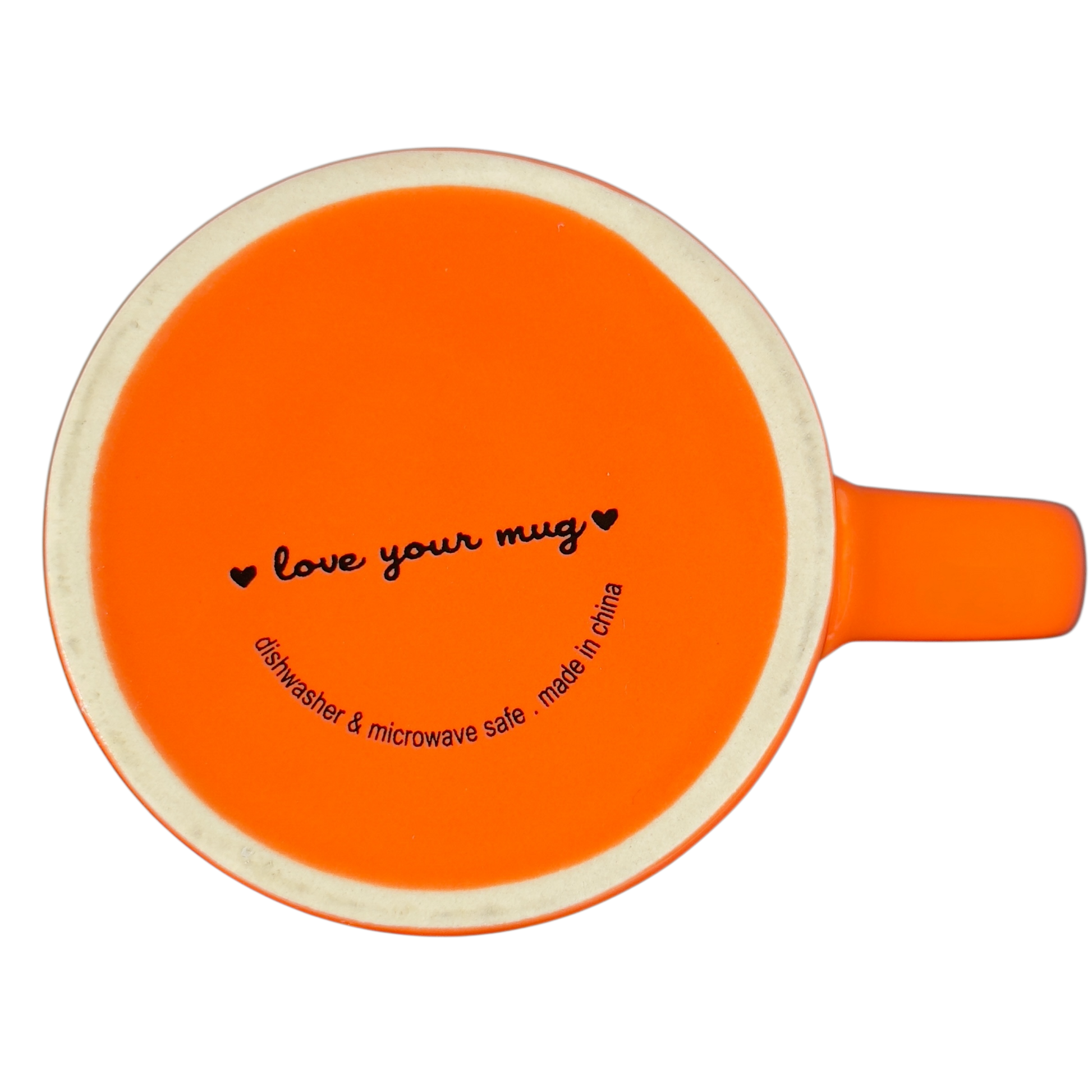 Bottom view of orange Love Your Mug brand it is what it is vintage mug showing dishwasher and microwave safe label