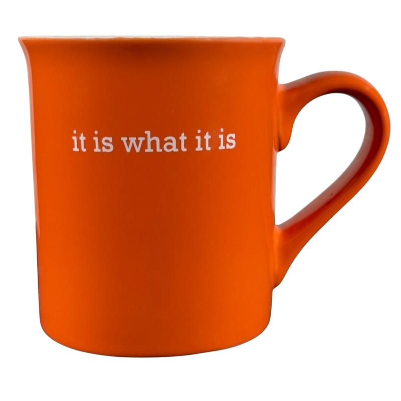 Bright orange ceramic coffee mug with white text it is what it is vintage mug on front