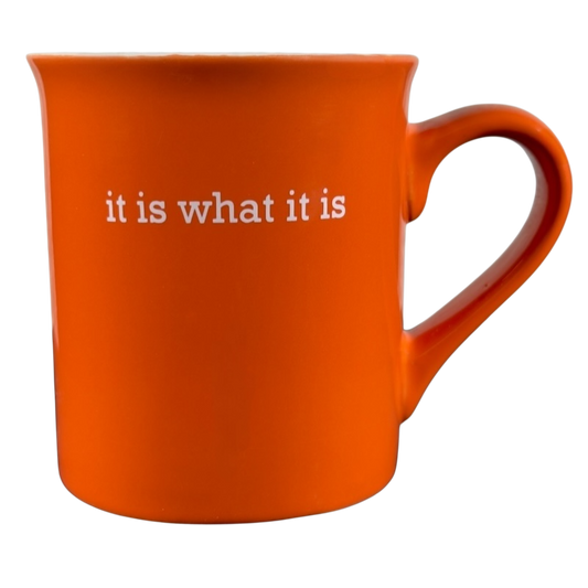 Bright orange ceramic coffee mug with white text it is what it is vintage mug on front