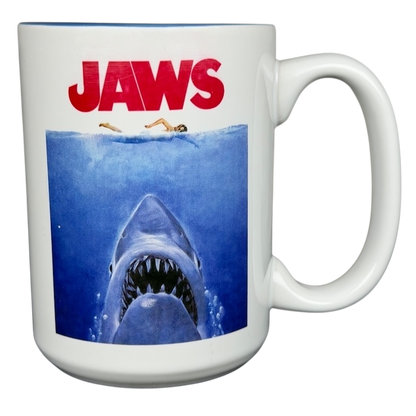 Jaws movie poster Universal Studios mug featuring a dramatic shark image and vintage design