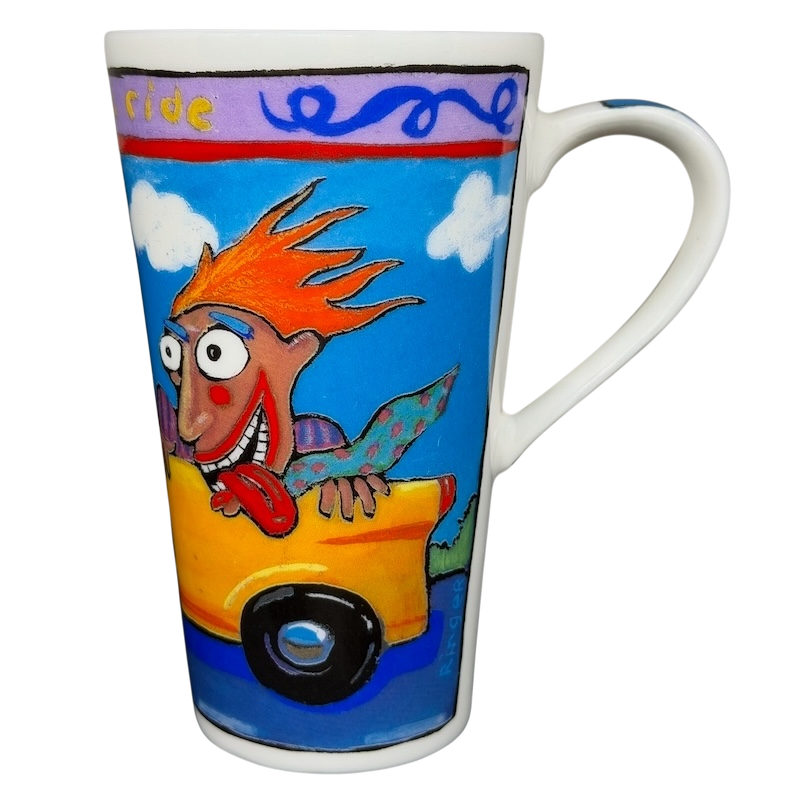 Going For A Ride Jeff Ringer Travel Mug Chaleur featuring a colorful design of a cartoon character in a yellow car