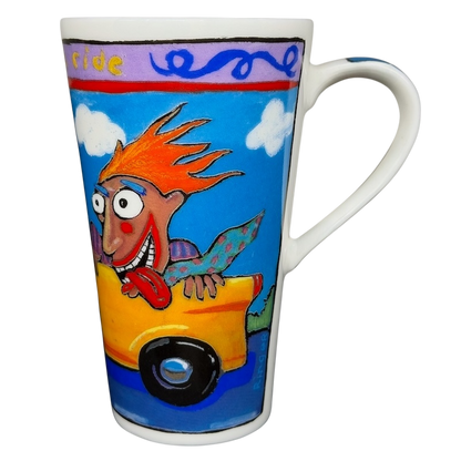 Going For A Ride Jeff Ringer Travel Mug Chaleur featuring a colorful design of a cartoon character in a yellow car