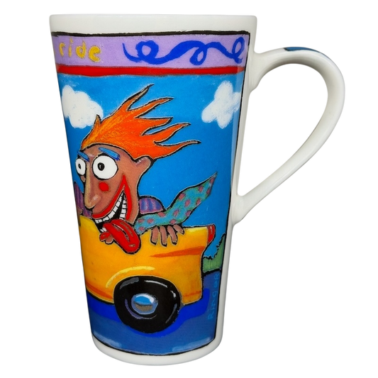 Going For A Ride Jeff Ringer Travel Mug Chaleur featuring a colorful design of a cartoon character in a yellow car