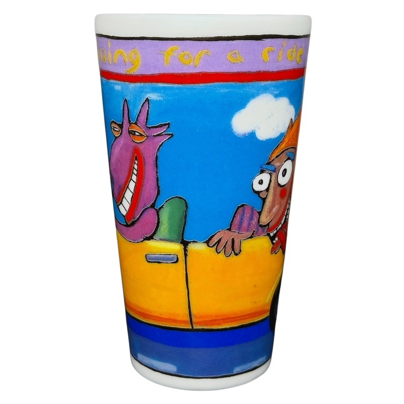 Going For A Ride Jeff Ringer Travel Mug Chaleur featuring colorful cartoon characters in a car design