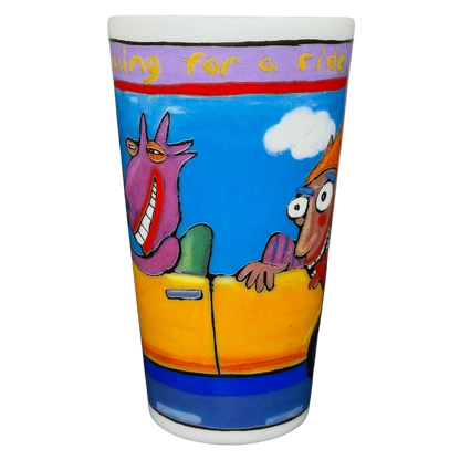 Going For A Ride Jeff Ringer Travel Mug Chaleur featuring colorful cartoon characters in a car design