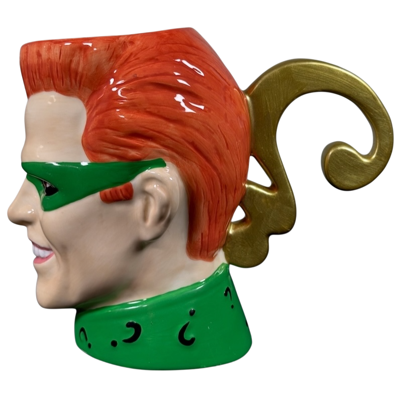 Jim Carrey Riddler vintage 3D mug with bright orange hair green mask and question mark handle by DC Comics