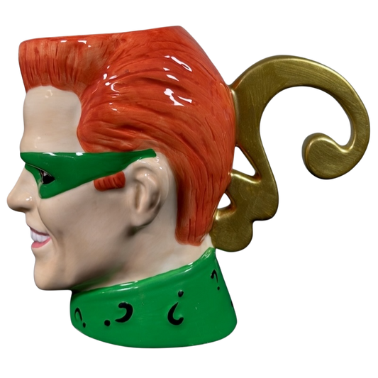 Jim Carrey Riddler vintage 3D mug with bright orange hair green mask and question mark handle by DC Comics
