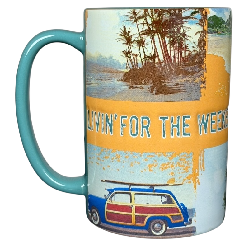 Jimmy Buffett Margaritaville Livin' For The Weekend mug with colorful beach and vintage car design