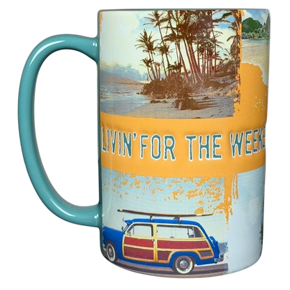 Jimmy Buffett Margaritaville Livin' For The Weekend mug with colorful beach and vintage car design