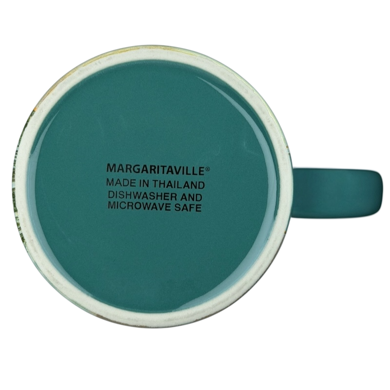 Bottom view of Jimmy Buffett Margaritaville Livin' For The Weekend mug showing dishwasher and microwave safe markings