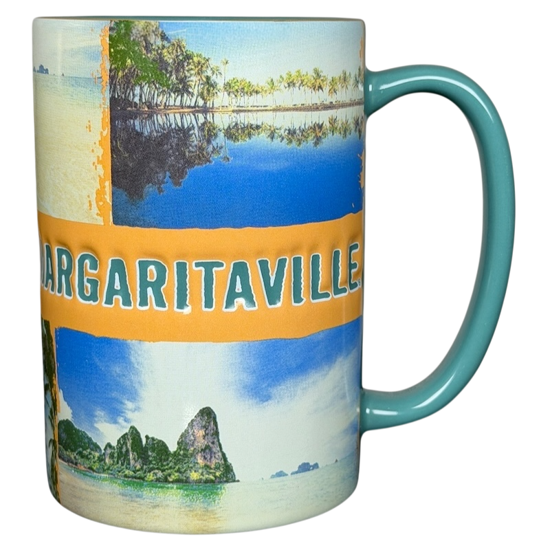 Colorful Jimmy Buffett Margaritaville Livin' For The Weekend mug featuring tropical scenery and vibrant designs