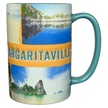 Colorful Jimmy Buffett Margaritaville Livin' For The Weekend mug featuring tropical scenery and vibrant designs